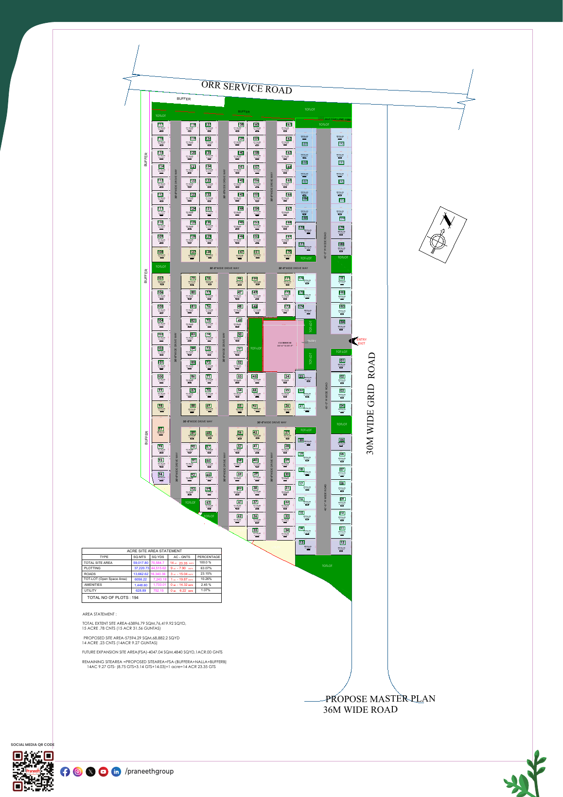Arcadia Grand master plan showing villa plots, roads, clubhouse and open spaces