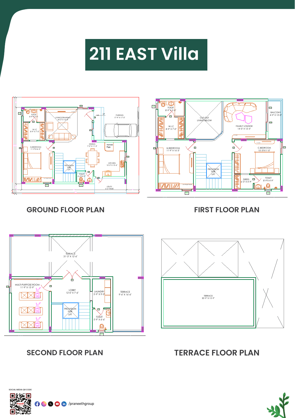 211 square yard triplex villa floor plan