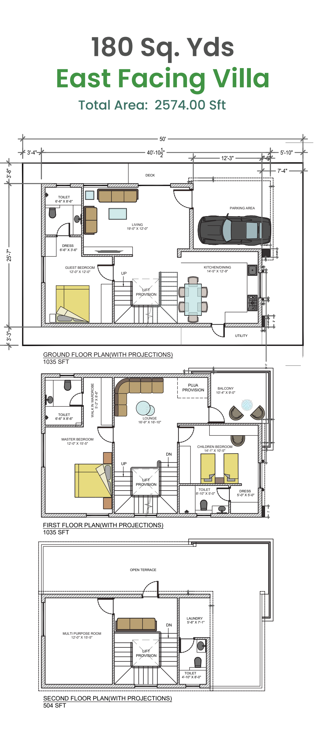 180 square yard east-facing villa floor plan