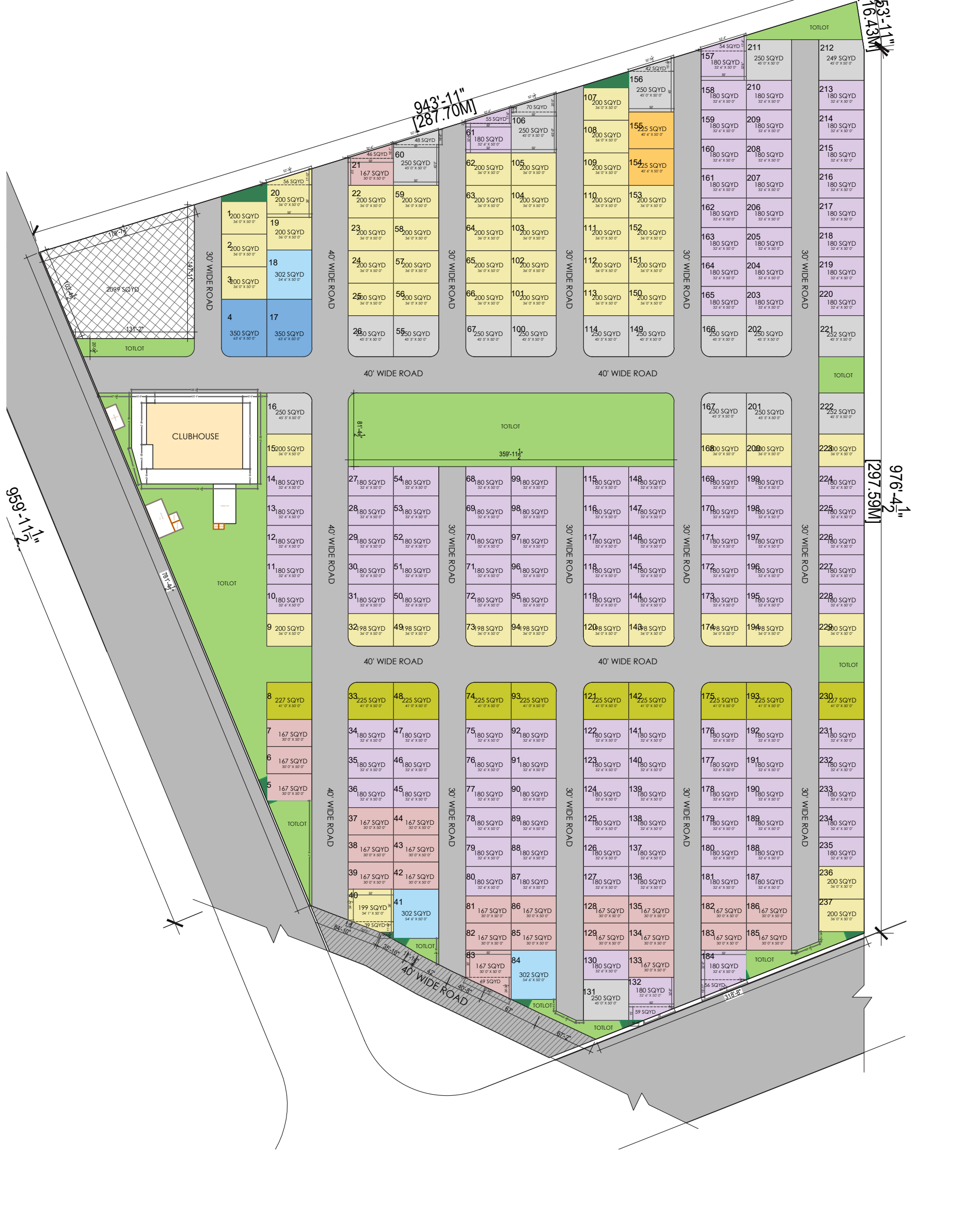 Arcadia Premium master plan showing villa plots, roads, clubhouse and open spaces
