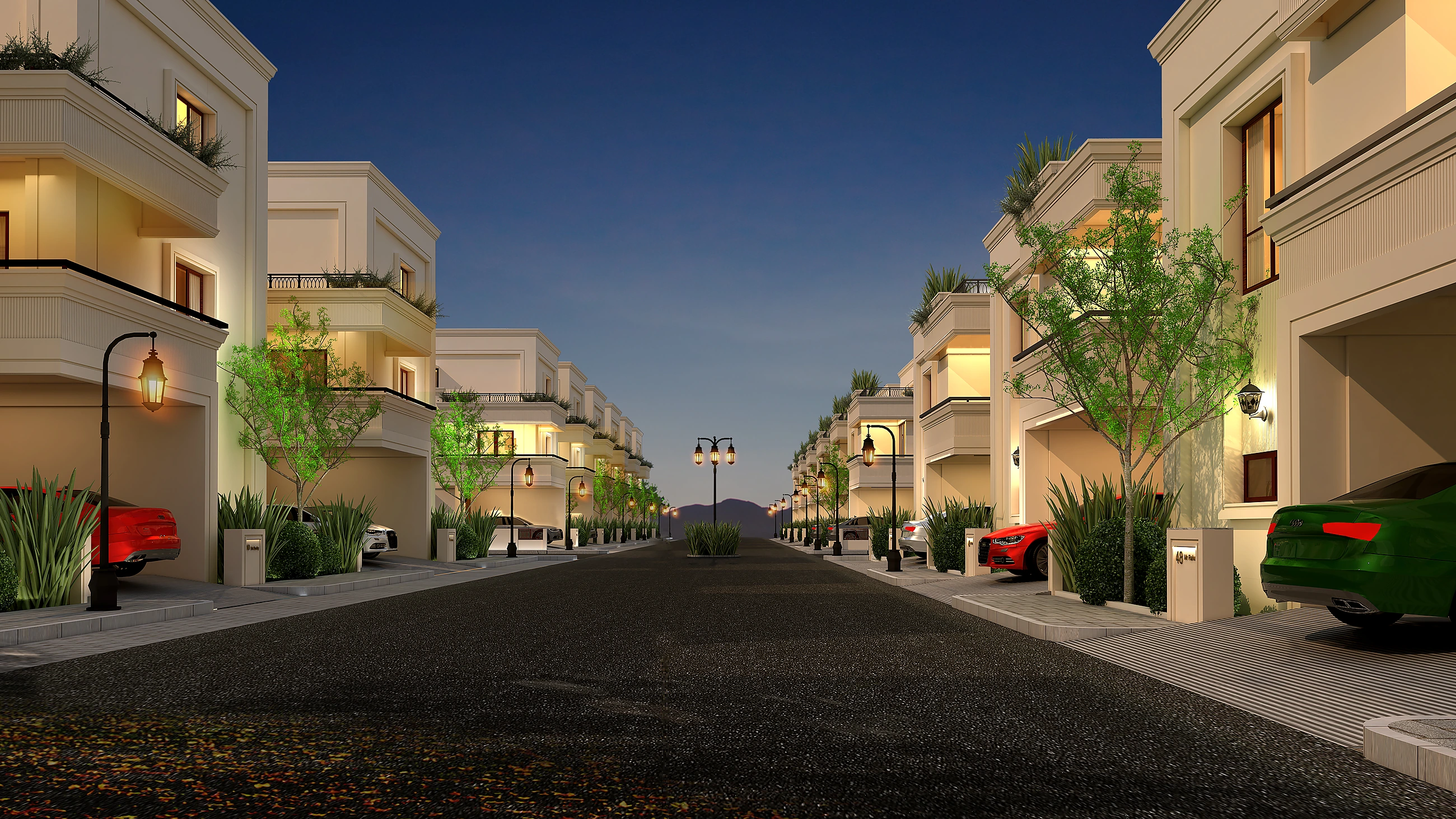 Arcadia Premium internal villa street evening view