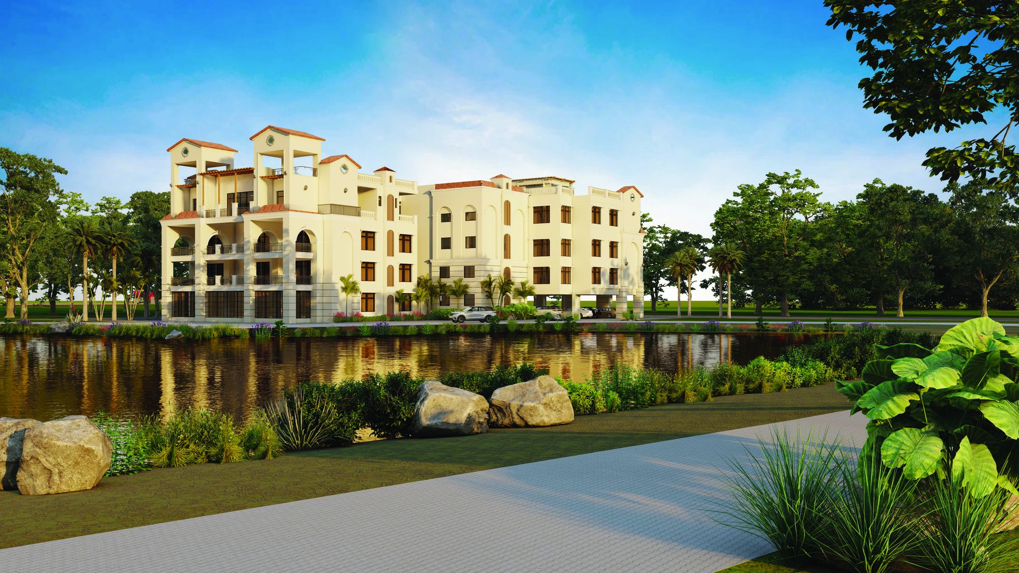 Lakeside walkway with the clubhouse beyond