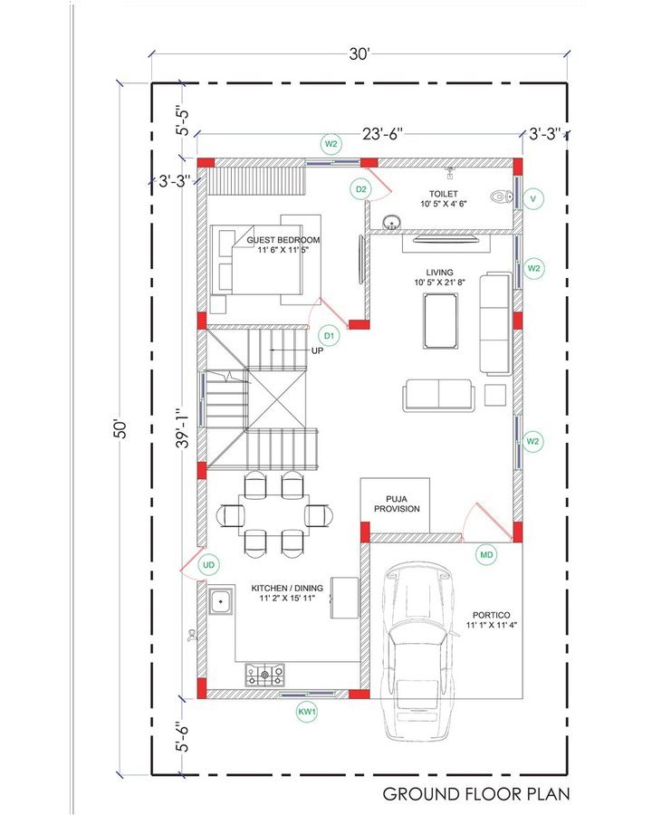 3 BHK villa, 167 sq. yds. — ground floor plan