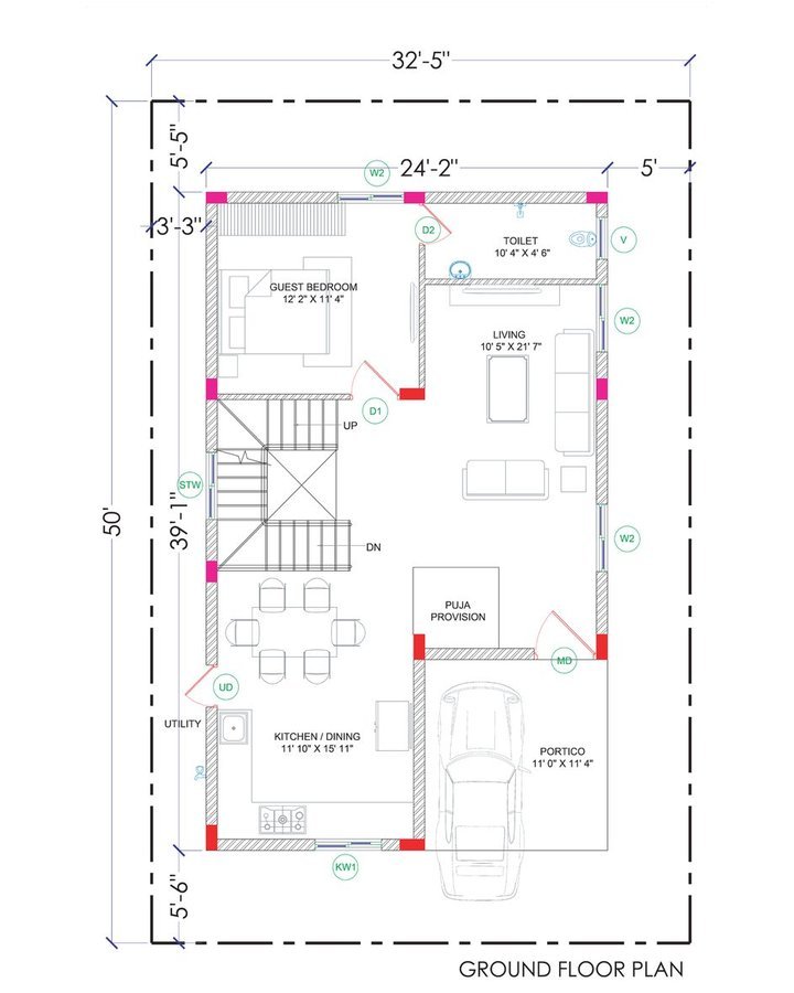 3 BHK villa, 180 sq. yds. — ground floor plan