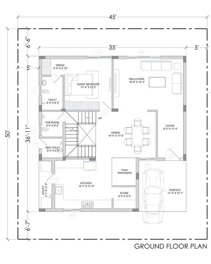 4 BHK villa, 250 sq. yds. — ground floor plan