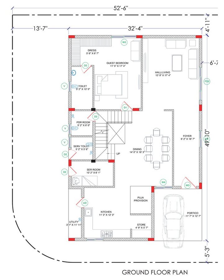 4 BHK villa, 345 sq. yds. — ground floor plan