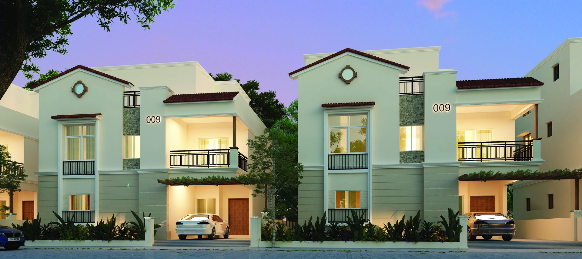 Spanish-style triplex villa elevations — architectural impression