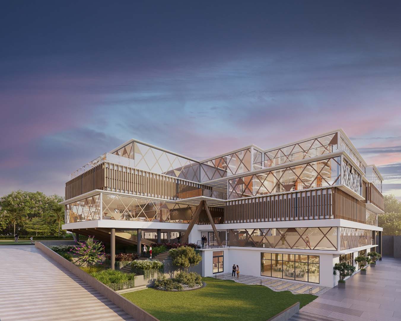 The 50,000 sq. ft. Club Ixora at dusk