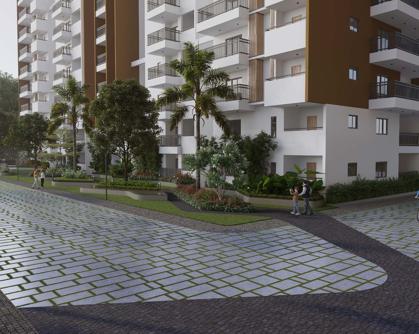 Vehicle-free podium walkway between the towers