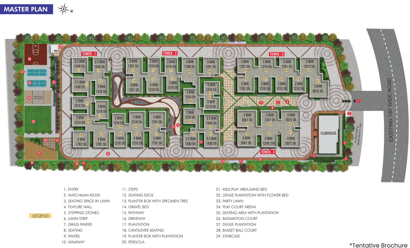 Praneeth Pranav Solitaire master plan with Towers 1 to 4, clubhouse and amenities legend
