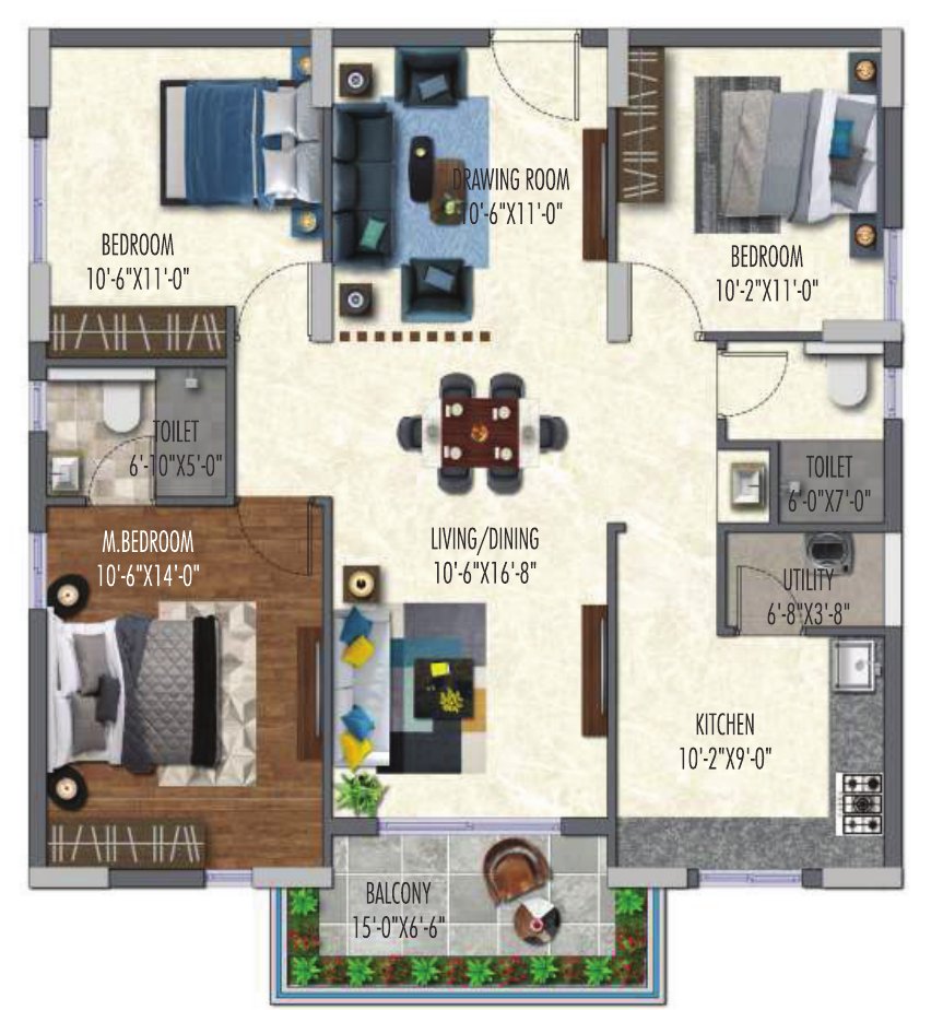 2.5 BHK 1430 sft north facing floor plan (Type 4)