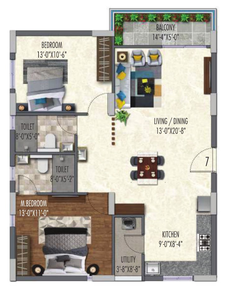 2 BHK 1210 sft east facing floor plan (Type 2A)