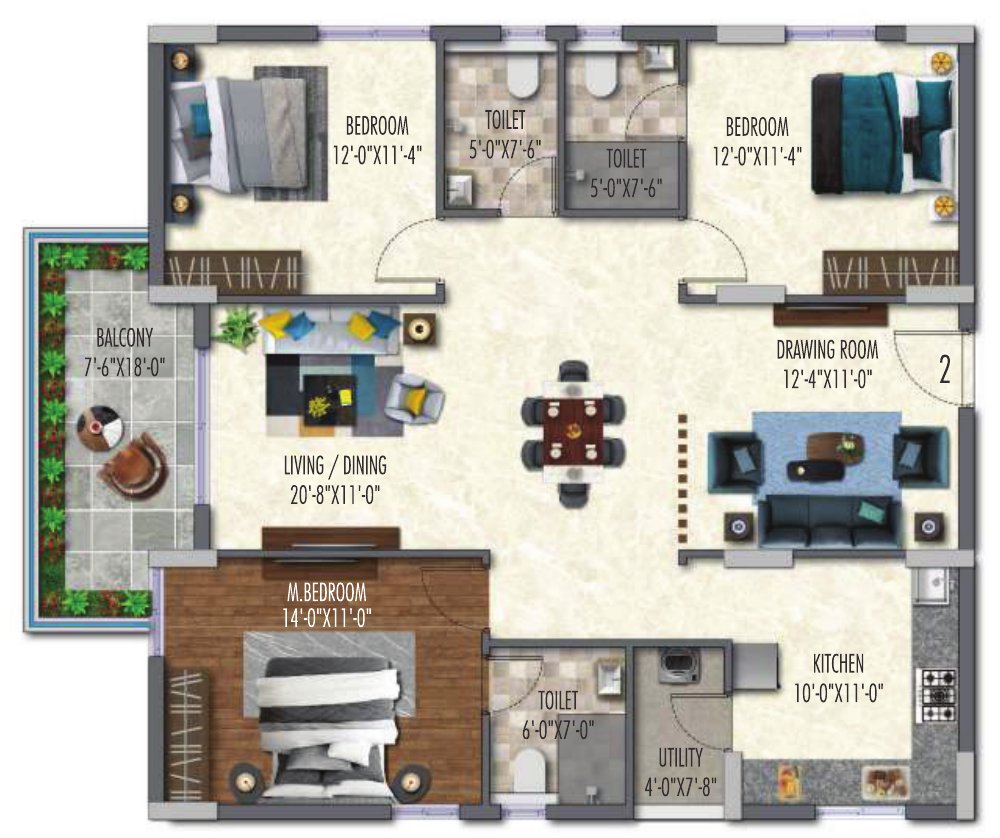 3 BHK 1701 sft east facing floor plan (Type 6A)