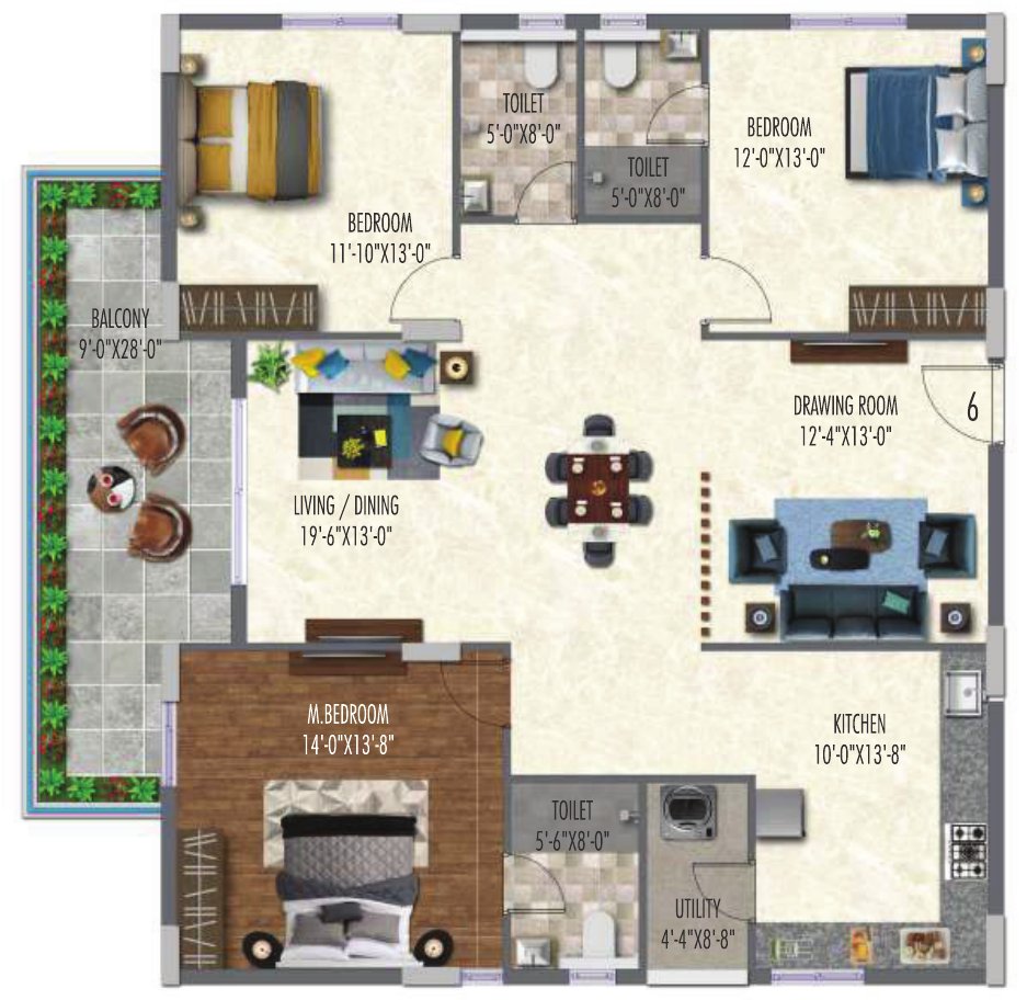 3 BHK 2061 sft east facing floor plan (Type 8)